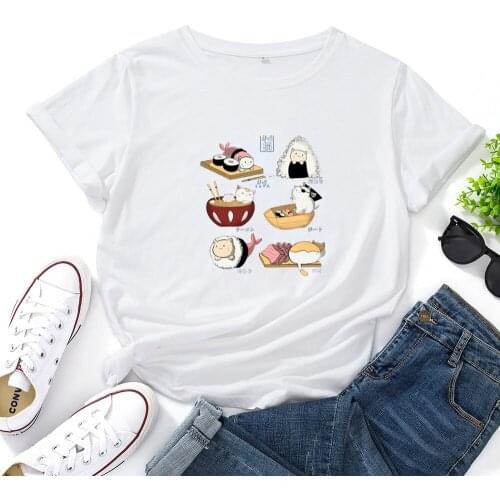 Cartoon Sushi Pattern Woman TShirt Fashion O-neck T Shirts Woman Loose Short Sleeves Tee Shirt Women Casual Cute Camiseta Mujer