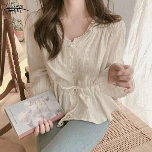 2021 Fall Chic Lace Long Sleeve Shirt V-Neck White Blouse Sashes Casual Woman Clothes Women Blouses Shirts Chemisier Femme 9590