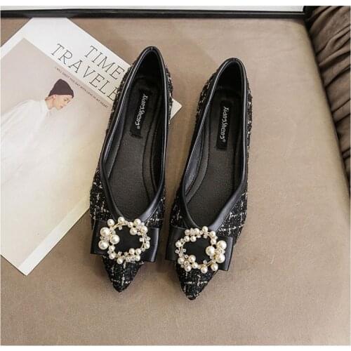Black Women Flat Belt Buckle Pearl Ballet Shoes Pointed Toe Flats Shoes Elegant Lady Shoes Wedding Shoes Big Size 34-43