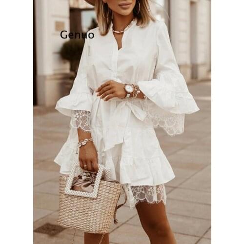 2021 Elegant Spring Flare Sleeve Lady Shirt Dress Summer Patchwork Lace Belted Party Dress Women Casual V Neck Button Mini Dress