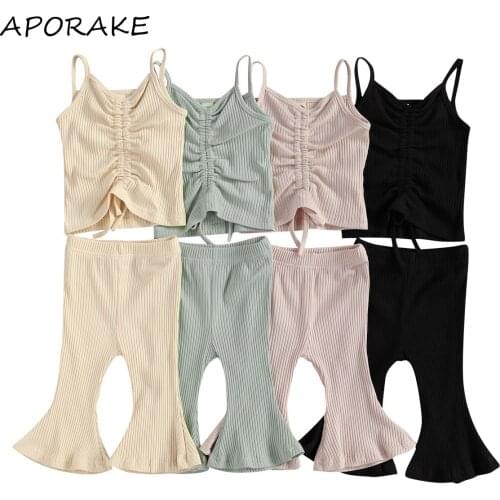2021 0-3Y Kids Baby Girl Knitted Clothing Solid 2pcs Camisole Top+Flared Pants Drawstring Decoration Simple Style Summer Clothes