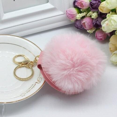 25 Colors New Cute Puff Ball There Mirror KeyChains Simple PU Makeup Mirror Kids for Woman Bag Keyring Small Gift Accessories