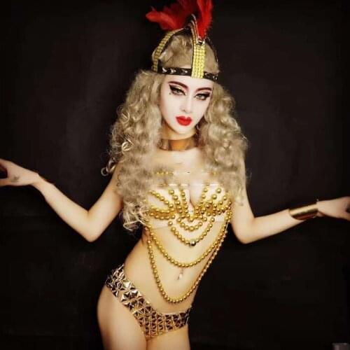 Luxury Gold Rhinestone Bikini Women Pole Dance Clothing Feather Headwear Nightclub Dj Stage Costume Festival Outfits VDB3387