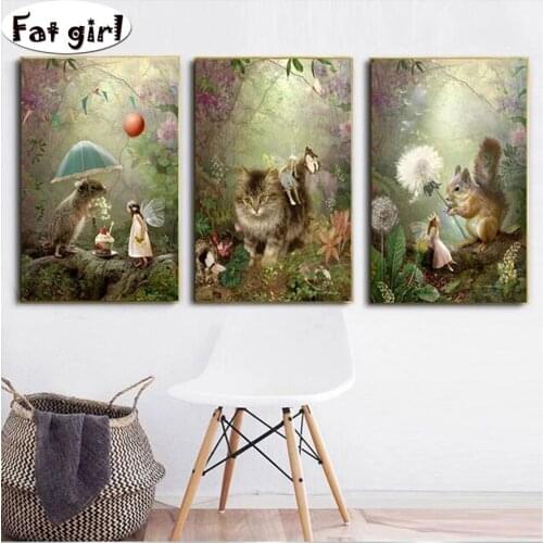 Beautiful mural full diamond Painting cross stitch 5d diy Fairies and little animals embroidery square round mosaic home art