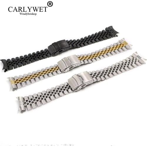 CARLYWET 22mm Hollow Curved End Solid Screw Links Stainless Steel Watch Band Strap Old Style Jubilee Bracelet Double Push Clasp