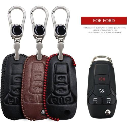 Leather Car Key Case Cover For Ford Focus Fusion Fiesta Kuga C Max Galaxy Explorer S Max Mondeo Ranger Mustang Ranger Keyring