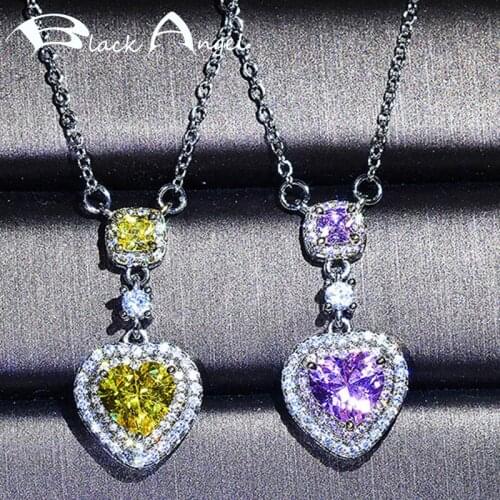 BLACK ANGEL 925 Sterling Silver Romantic Heart Citrine Luxury Pink CZ Gemstone Pendant Necklace For Women Jewelry Wedding Gift