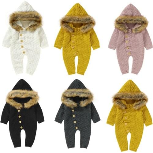 Baby Sweater Jumpsuits 2021 Winter Boys Girls Clothes Toddler Long Sleeve Single-breasted Knitted Furry Hooded Sweaters 0-24M