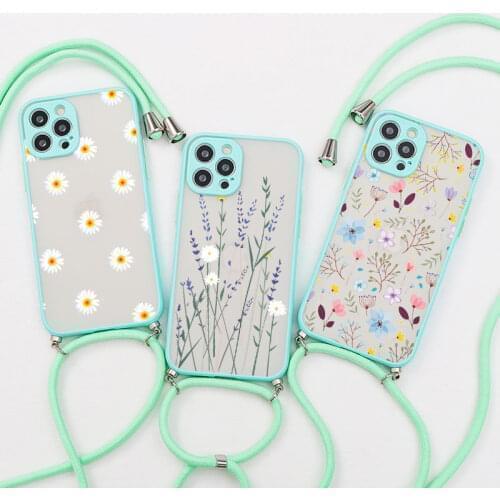 Daisy Lavender Flower Necklace Lanyard Cord Cover For P30 P20 Pro Nova 6 SE Y7 Y9 Prime 2019 P40 Lite Transparent Hard PC Cover