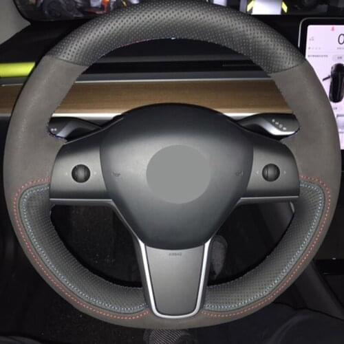 DIY Hand Sewing Car Steering Wheel Cover Suede Leather Steering wheel For Tesla Model 3 2017 2018 2019