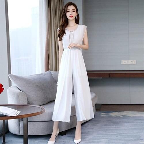 Women long Rompers Summer new long Jumpsuit O-neck solid lace patchwork elastic waist wide Leg Jumpsuits