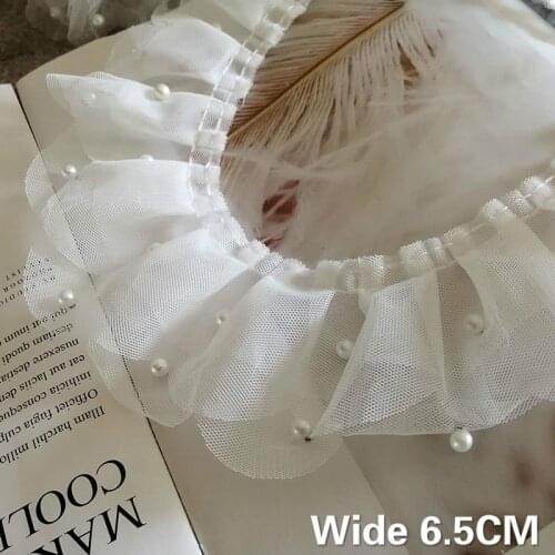 6.5CM Wide Double Layers White Tulle Mesh Lace Fabric 3D Pleated Beaded Fringe Trim Ribbon Wedding Dress Collar DIY Sewing Decor