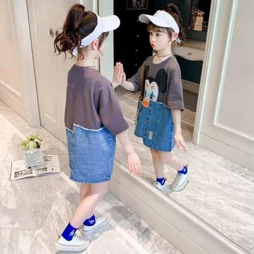 3T 4 6 8 10 12Y Teens Denim Patchwork Dresses for Girls Cartoon Print Dress Summer Children Loose Short Sleeved Fashion ClothIng
