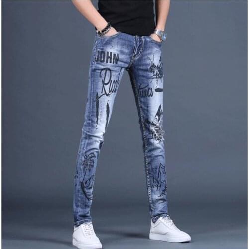 Free Shipping New mens male denim jeans Personality Jeans Printed Feet Pants Tide Brand Korean Slim Trend Casual trousers