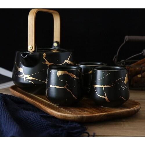 Ceramic household tea set with clamp seat, black and white, Japanese style, tea cup, with locust clamp seat
