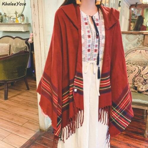 KHALEE YOSE Vintage Thick Hooded Cloak Cardigan Ethnic Hippie Cape Ponchos Cardigans Autumn Winter Thick Warm Tassels Outwear