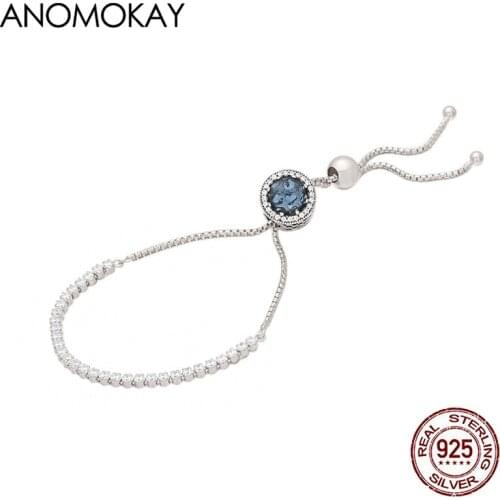 Anomokay Classic Luxury Crystal Adjustable Silver Bracelet with Dark Blue Crystal S925 Silver Bracelet for Gift