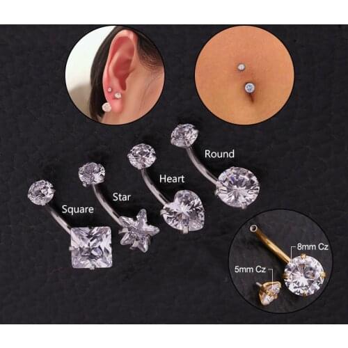 1Pc 316L Steel Internally Threaded Navel Piercing Body Jewelry Cubic Zirconia Square Round Heart Shape Helix Belly Button Rings
