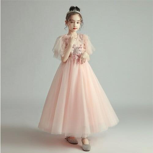 Flower Girl Dress Illusion V-Neck Appliques Embroidery Pearls Crystal Princess Floor-Length Tulle Lace Pink Kids Party Gown H375