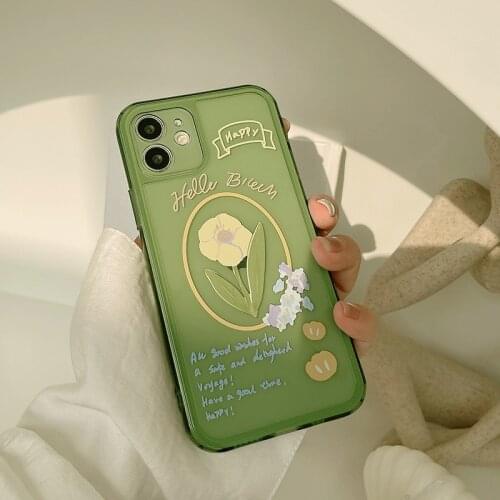 Cute Tulip Phone Case For iPhone 12 mini 11 Pro Max X XR XS Max 7 8 Plus SE 2021 Floral Soft Protection Cover Emerald Art Coque
