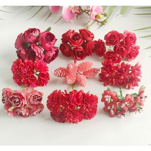 6/10/12/20/24/200pcs Mixed Red Flower Cherry Stamen Berries Bundle DIY Christmas Wedding Cake Gift Box Wreaths Decor