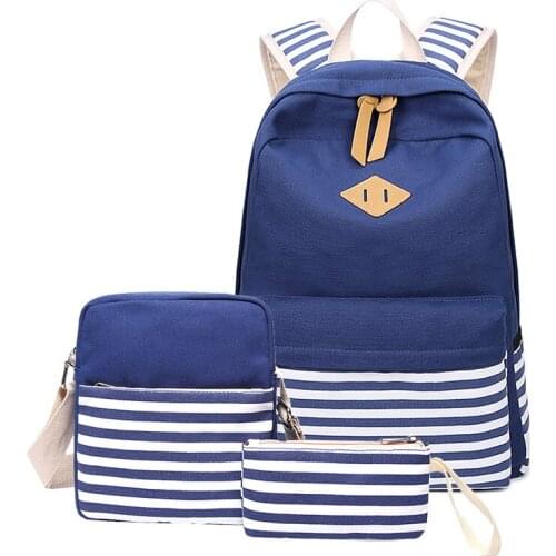 School Bag Sets for Girls Womens Canvas Striped Backpack for Teenage Girls High Quality Female Book Bag Kids