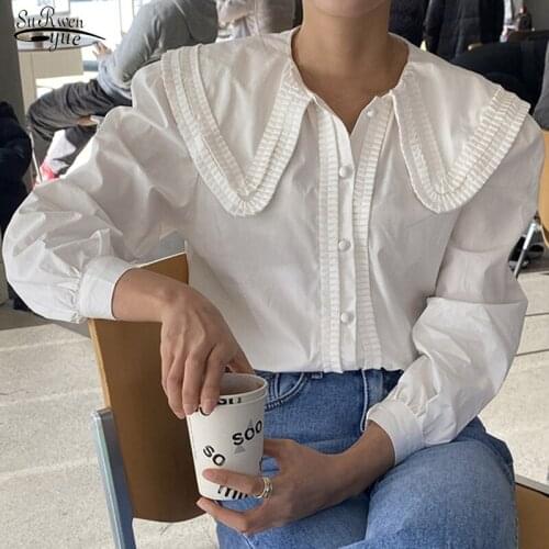 Solid White Women Blouses Tops Turn-Down Collar Puff Long Sleeve Button Loose Woman Shirt Blusas Pleated Work Style OL Shirts