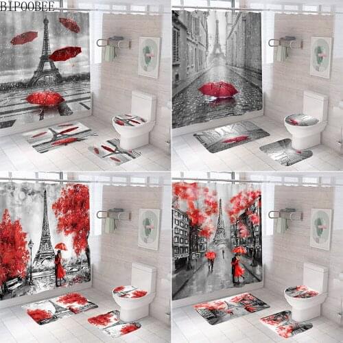 Paris Street Scene Red Umbrella Shower Curtain Bathroom Curtains Eiffel Tower Non Slip Rug Toilet Lid Cover Mat Bath Carpet