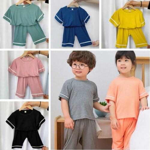 Kids Children Modal Pajamas Clothing Set Boys Girls Ribbed Fitted Toddler PJS Summer T-shirt and Shorts Sets Homewear Nightwear