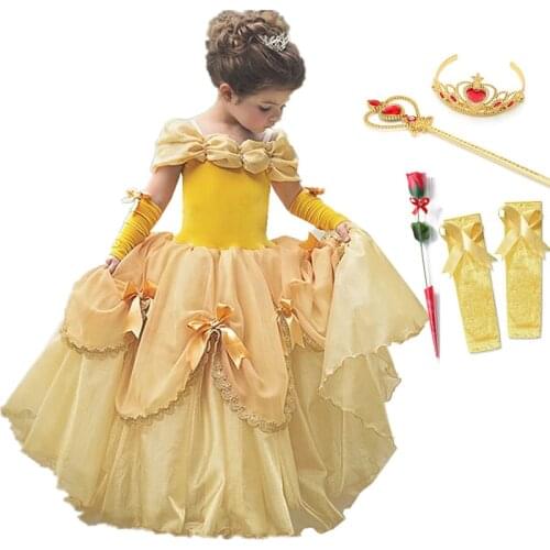 Princess Belle Dress for Girl Costumes Kids Floral Ball Gown Child Cosplay Bella Beauty and The Beast Costume Fancy Party Dress