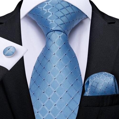 Gift Men Tie Blue Plaid Dot Silk Wedding Tie For Men DiBanGu Design Hanky Cufflink Quality Men Tie Set Fashion Dropshipping