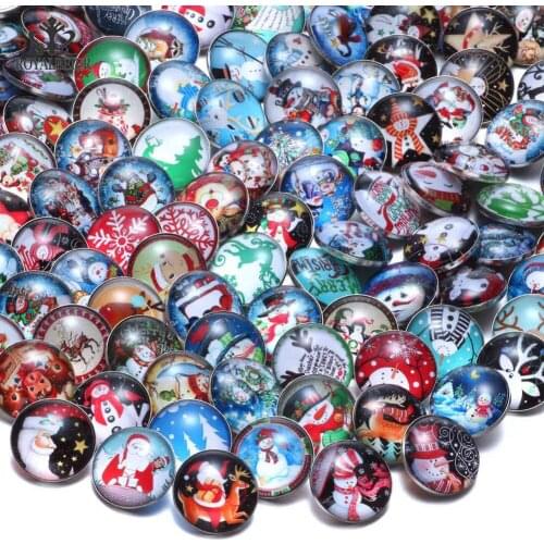 RoyalBeier 50pcs/lot Christmas Element Theme Glass Charms 18mm Snap Button For 20mm Snaps Bracelet Snap Jewelry KZHM079