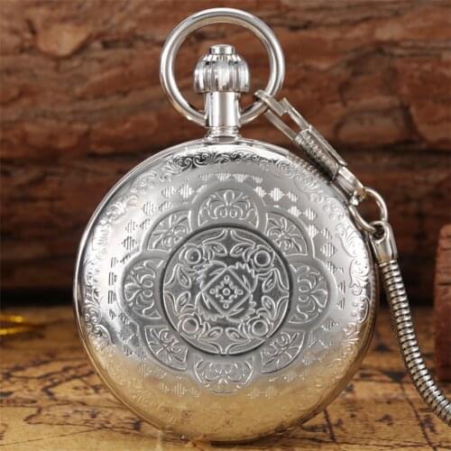 Flowers Pattern Silver Copper Mechanical Pocket Watch Automatic Self-Wind Pendant Antique Clock Full Hunter Retro Pocket Watches