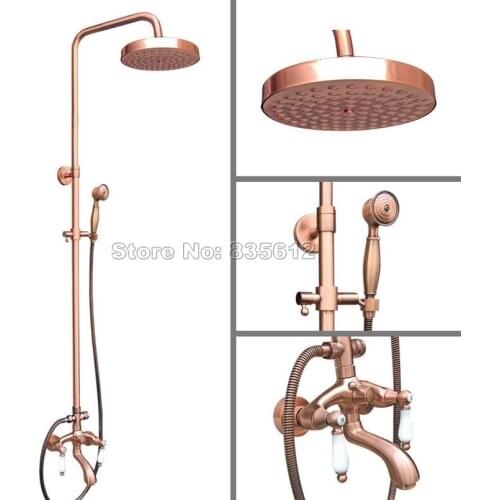 Bathroom Antique Red Copper Wall Mounted Dual Holder Dual Control Bathtub Mixer Tap / Classic Rain Shower Faucet Set Wrg562