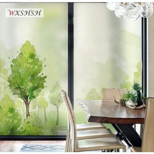 Static Cling Custom Size Glass Film Green Tree Pattern Privacy Protection Home Decoration Removable Recyclable Frosted Tint-Film