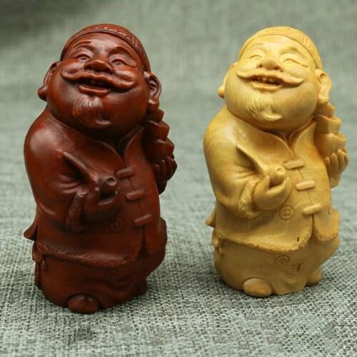CQ202-7*4*4 CM Hand Carved Boxwood Wealthy Man Figurine Lucky Feng shui Statue-Home Decor Collection Ornaments