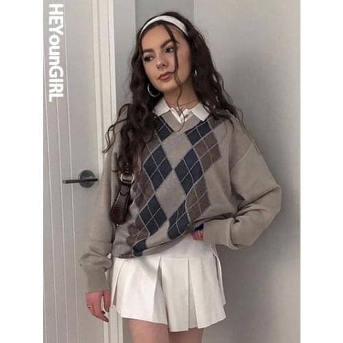 HEYounGIRL Preppy Style Vintage V Neck Sweater Women Autumn Casual Argyle Plaid Y2K Jumper Female Korean Fashion Pullover Winter