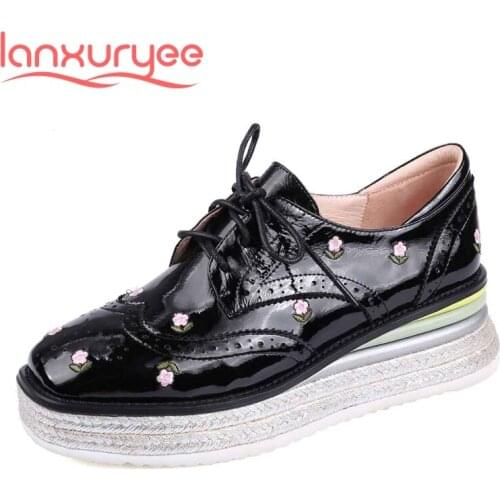 Lanxuryee embroidery cow patent leather flowers wedges platform straw square toe thick med heel lace up gorgeous women pumps L0a