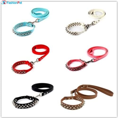 6 Colors PU Leather Medium Dog Collar Set Round Spikes Studded Dog Pet Necklace Collars and Leash Lead Set