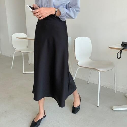 A-Line Midi Silk Slim Summer Autumn Elegant High Waist Satin Skirt Women Casual
