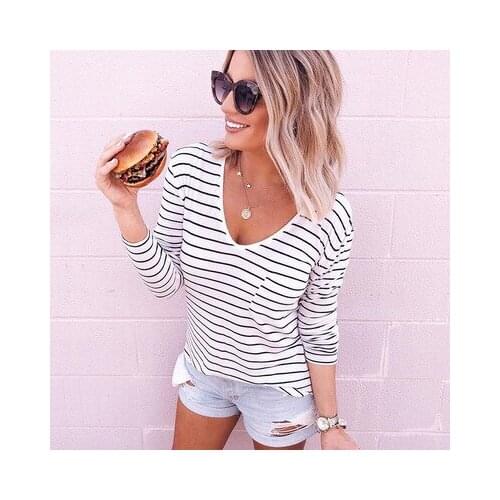 Ladies Black White Wtriped Bottoming Shirt Tops Pullover Long-sleeved T-shirt Women Casual Tshirt Spring Autumn Tops 2021 Autumn