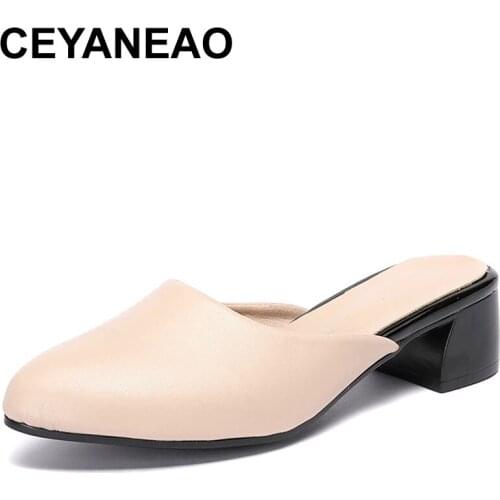 CEYANEAO 2021Women Summer Slippers Office Lady Slides Fashion Female Med Heels Sandals Casual Mules Genuine Leather Woman Shoes