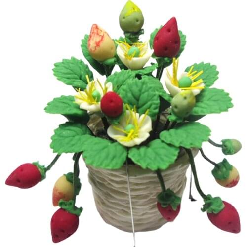 1/12 Dollhouse Mini Clay Potted Plant Strawberry Flower Model Toy Ornament Decor