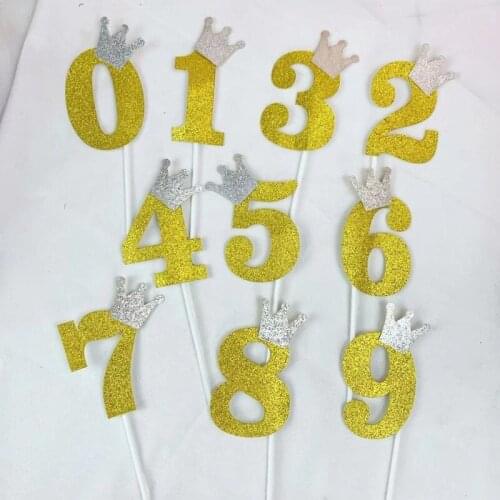 5pcs 0-9 Number Gold Giltter Crown Papercard Happy Birthday Cake Toppers for Baby Shower Anniversary Wedding Baking Cake