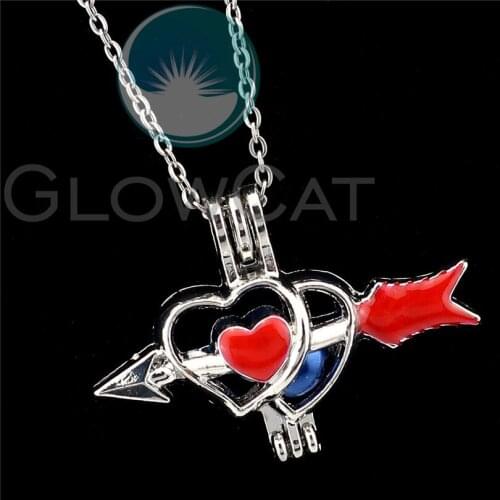 Red Enamel Love Heart Arrow Beads Cage Pendant Essential Oil Diffuser Pearl Cage Locket Necklace R-K1138