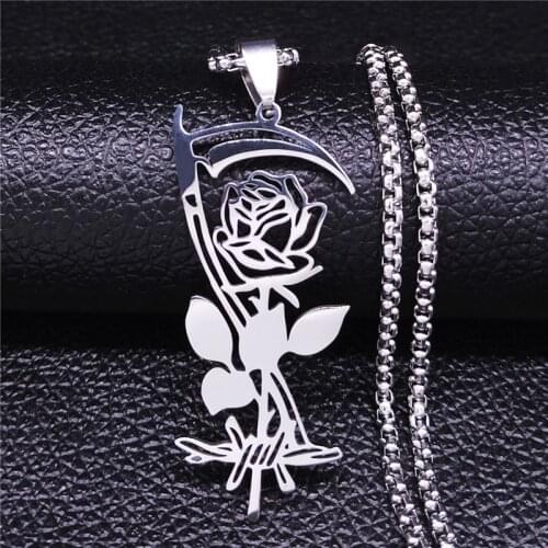 2021 Goth Sickle Rose Stainless Steel Chain Necklaces for Women Silver Color Charm Necklaces Jewelry colier femme N4420S02