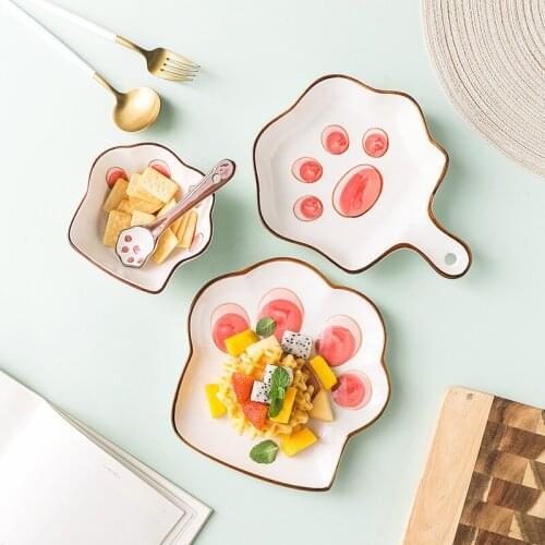 Ceramic Cute Cat Paw Shape Rice Soup Bowl Creative Dinner Plate Household Baking Plate Simple Dessert Salad Dishes Tableware