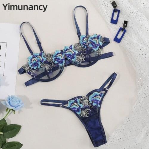 2-Piece Embroidery Lace Bra Set Women 4 Colors Transparent Bra + Panty Fashion Underwear Set Sexy Lingerie Set
