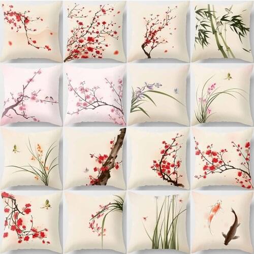 Beauty fishes red plum blossom birds on the bamboo pillow cases short plush high quality square thick pillow case covers