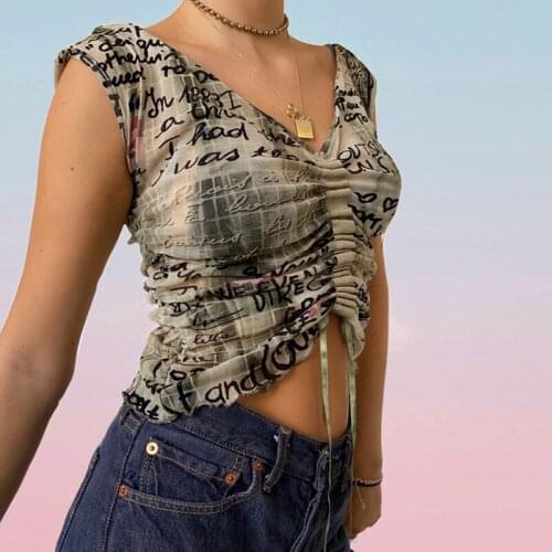 Y2k Crop Tank Tops Ruched Tie Dye Letter Print Drawstring Vest for Women Sleeveless 2021Summer V Neck Slim Shirt Outfits Female